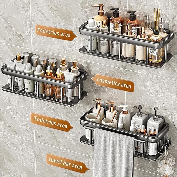 Shower Caddy Adhesive 2Pack with Hooks and Rod for Towels Silver-Premium Bathroom Shower Shelves Shampoo Organizer Rack Storage Bathtub Shelf Rustproof Easy Installation Sturdy Build Sleek Modern Look