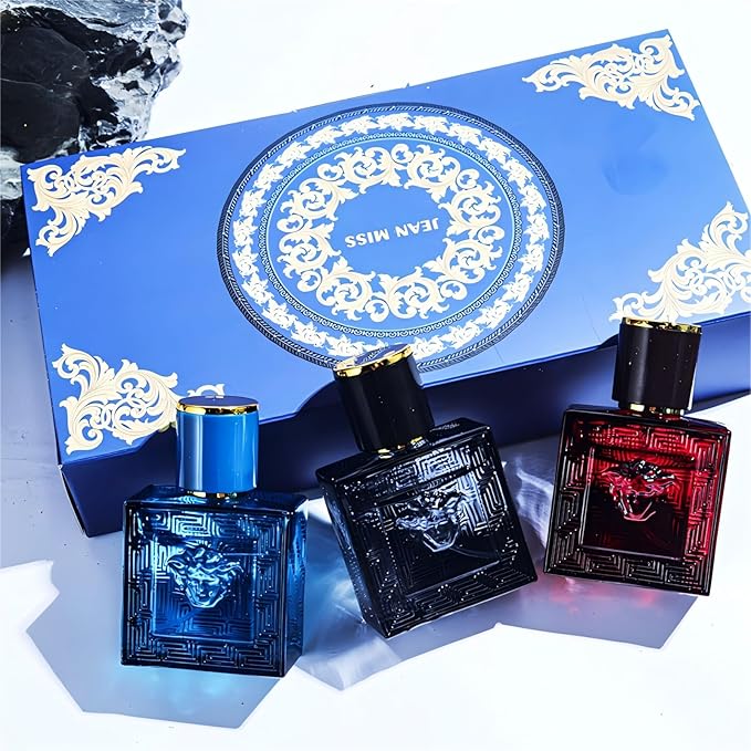 Mini Men's Perfume Eros Gift Set 3 Pieces Pheromone Cologne for Men Eau De Parfum Body Spray with Fruity and Floral Long Lasting FragrancesTravel Size 3x30ml