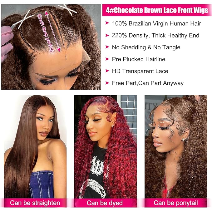 32Inch 220% Density 13x6 Deep Wave Lace Front Wigs Human Hair Chocolate Brown HD Lace Front Wigs Human Hair Pre Plucked Deep Curly Lace Frontal Wigs for Women 100% Unprocessed Brazilian Virgin Hair