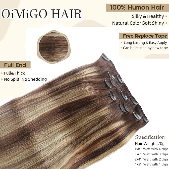 Ombre Hair Extension with Clips for WomenHighlight Brown Hair Extensions Human Hair Chocolate Brown to Strawberry Blonde Straight Remy Human Hair Extensions 5pcs 70g (#4T4P2716Inch)