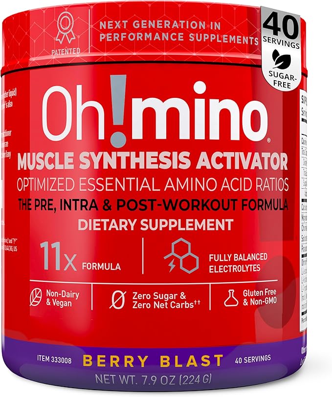 Oh!mino Essential Amino Acids Supplement Drink Powder Berry Blast Caffeinated Powder All 9 EAAs BCAAs and The Perfect Amino for Workouts Amino Energy and to Build Muscle and Recover Faster