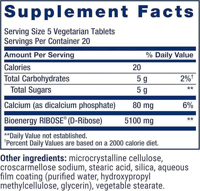 Life Extension D-Ribose Tablets Plus Calcium Helps Maintain Healthy Energy Levels in Heart and Muscle Encourages The Production of ATP Gluten-Free Non-GMO Vegan 100 Vegetarian Tablets