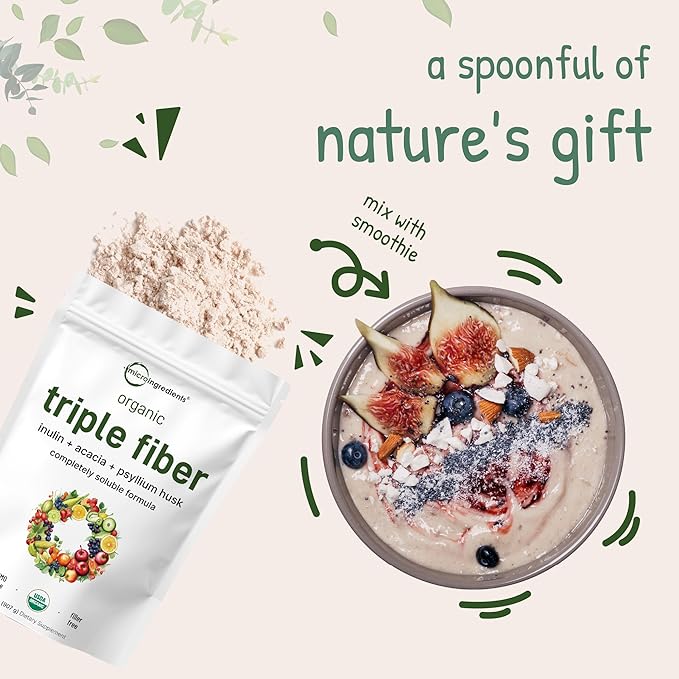 Micro Ingredients Organic Triple Fiber Powder 2lb | Natural Prebiotic to Support Digestive &amp Gut Health | Soluble Easily Digestible | Unflavored Vegan