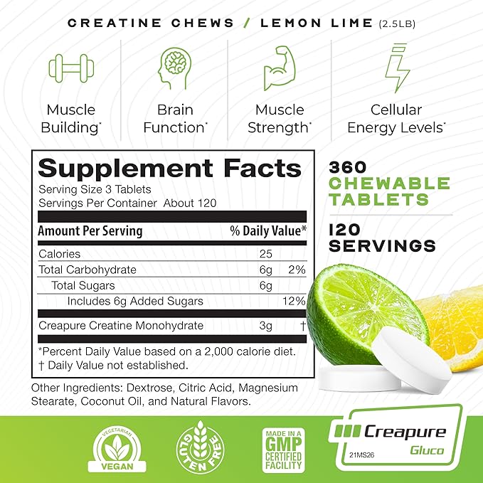 Muscle Feast Creatine Monohydrate Chewables - Vegan &amp Gluten-Free Creapure Creatine Chews for Men &amp Women - Delicious Citrus-Flavored Creatine Tablets for Muscle Building - Lemon Lime 360 Tab