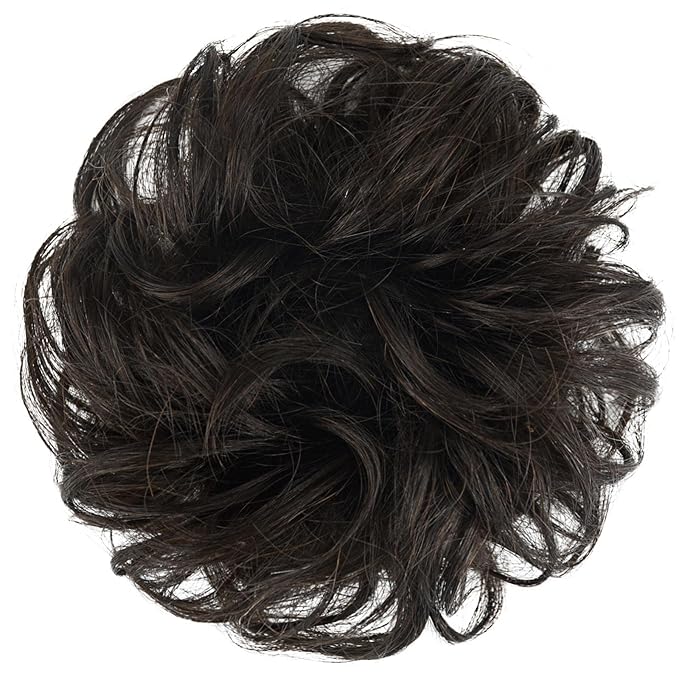 FESHFEN Human Messy Buns - 100% Human Hair Bun Real Scrunchies Hair Pieces Ponytail Extensions Wavy Tousled Updo Chignon Hairpieces for Women Dark Brown