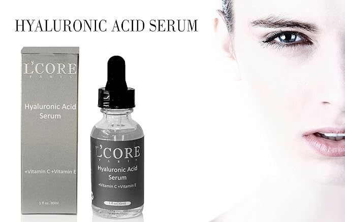 L'Core Paris Hyaluronic Acid Serum with Vitamin C &amp E - Absorbs Quickly for Maximum Skin Hydrating &amp Moisturizing Fights Acne Deep Wrinkles Redness Tightens Loose Skins - 30ml/1oz