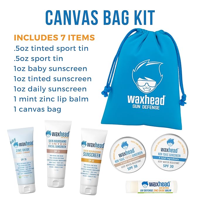 Waxhead Travel Size Sunscreen Sampler Box - Non-Nano Zinc Oxide Coral Reef Safe Biodegradable Sunblock SPF 30. Zinc Lip Balm Solid Mini Paste Tins (.5oz) Tinted Baby + Everyday (1oz) in Canvas Bag