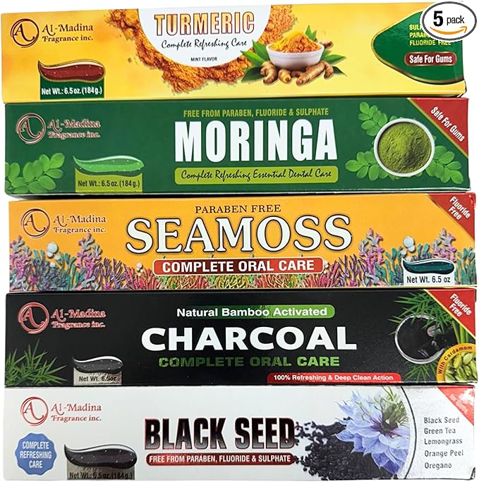 Ultimate Toothpaste Combo - Pack of 5- Seamoss Moringa Charcoal Black Seed &amp Turmeric Toothpaste - Oral Care for Sensitive Teeth - Paraben-Free - Refreshing Oral Care
