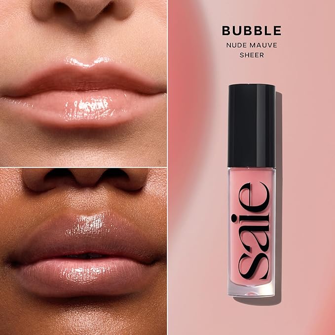 Saie Glossybounce - Hydrating Lip Gloss and Tinted Lip Oil Hybrid with Hyaluronic Acid &amp Jojoba Oil for Non-Sticky Ultra-Shiny Plump &amp Soft Lips - Everyday Makeup Essential - Bubble (.17 oz)