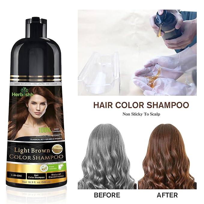 Herbishh 3-In-1 Magic Hair Dye Shampoo for Gray Hair - Light Brown 500 Ml Ammonia-Free Long Lasting Colors Hair in MinutesUnisex