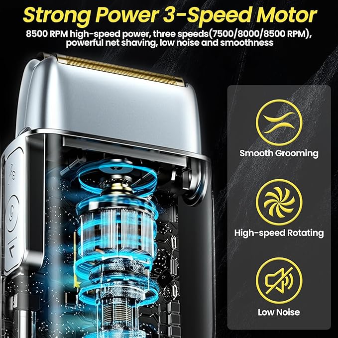 Electric Foil Shavers for Men 3 Speed Electric Razor for Men High Speed Dual Floating Blades IPX7 Waterproof Wet &amp Dry LED Display USB Type C Charging Foil Razor for Face/Beard/Head (Silver)