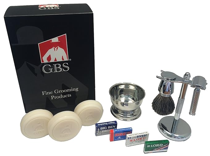G.B.S Stylish Shaving Kit- For Men?™s Beard Traditional 42C Safety Razor Badger Shaving Brush Stainless Brush &amp Razor Stand Chrome Bowl 3 Pack of Natural Shaving Soaps + 25 DE Razor Blades