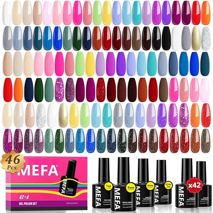 MEFA 46 Pcs Gel Nail Polish Kit 42 Colors All Seasons Gel Polish Set Colorful Starter Kit with Base Coat &amp Glitter/Glossy/Matte Top Coat Gel Nail Art Manicure DIY Salon Gifts for Girls