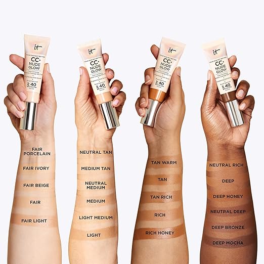 IT Cosmetics CC+ Nude Glow - Medium Coverage Foundation with SPF 40 &amp Brightening Glow Serum Lightweight Skin Tint 2% Niacinamide + Hyaluronic Acid Up to 24H Hydration Normal/Dry Skin - 1.08 f