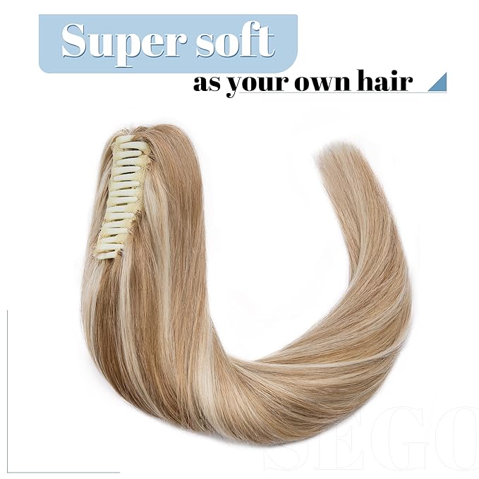 SEGO Claw Clip Ponytail Extension Human Hair Clip in Ponytail Hair Extensions Real Human Hair Pony Tails Hair Extensions Long Straight For Women -16 Inch Golden Brown&ampBleach Blonde 105 Gram