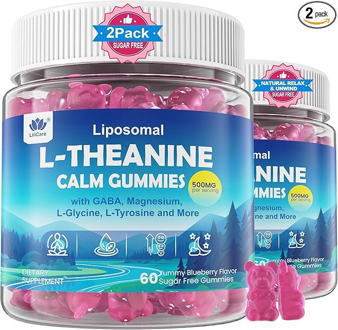 L Theanine Calm Gummies 500mg Sugar-Free Liposomal L-Theanine Supplement w/Safforn Magnesium Glycinate GABA Ashwagandha Algae Omega-3 Vitamin D3 B12 for Brain Calm Relax Mood Zzz 120Cts
