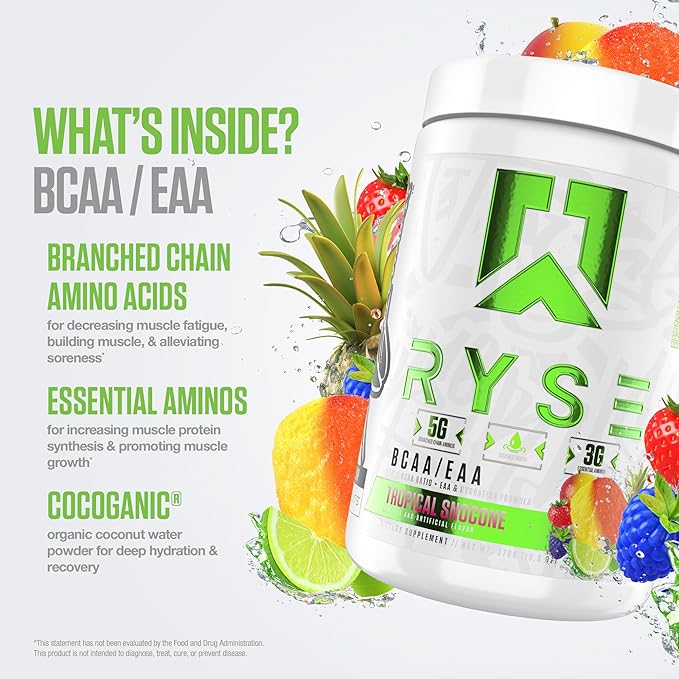 RYSE BCAA EAA Powder - Tropical Snocone - 5g Branched Chain Amino Acids 3g Essential Aminos Sugar-Free Electrolytes for Pre &amp Post Workout Muscle Recovery Hydration and Strength - 30 Servings