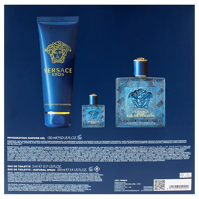 Versace Eros by Versace for Men - 3 Pc Gift Set 3.4oz EDT Spray 0.17oz EDT Spray Vial (Mini) 5oz Shower Gel