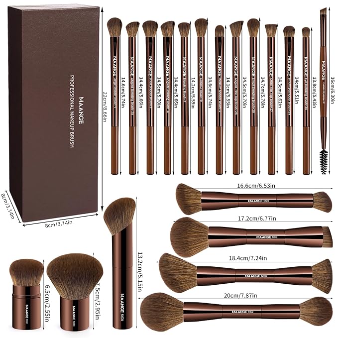 MAANGE 20 Pcs Makeup Brushes with Gift Box Double-End Multi-functional Makeup Brushes for Blending Liquid Powder Concealer Cream Blush BuffeDark Brown