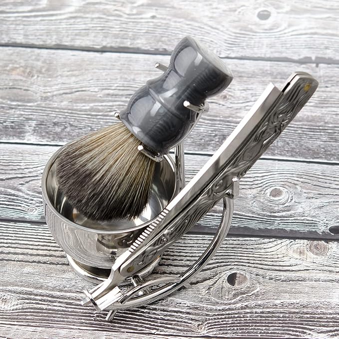 Grandslam Shaving Straight Razor Kit Steel Cutthroat Straight Razor With Leather Strop Shave Brush Stainless Steel Shaving Bowl and Stand Gift for Men