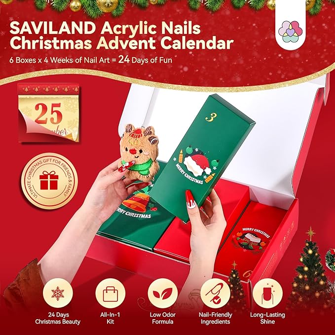 SAVILAND Acrylic Nail Kit Christmas Advent Calendars: Premium Acrylic Nail Kit with Nail Drill Xmas Stickers 24 Days Christmas Manicure Gift Set For Women Girls Limited Winter Holiday Gifts