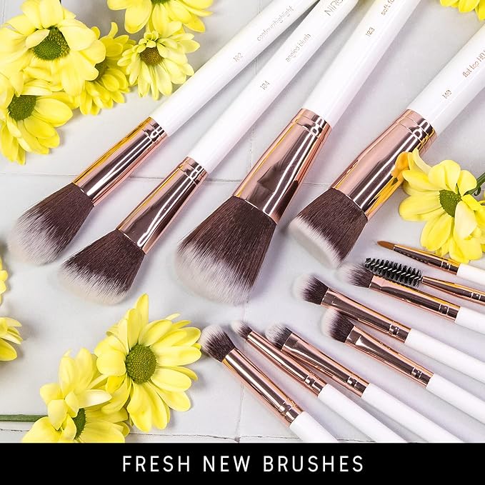 Nir? Beauty White 15piece Award Winning Professional Makeup Brush Set: Vegan Makeup Brushes with Case Makeup Sponge Cleaner Guide Gift Box