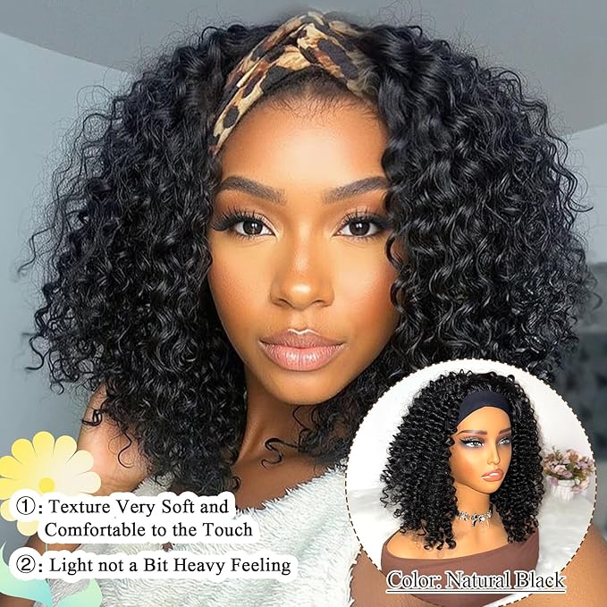 Aisaide Kinky Curly Headband Wig 14 Inch Headband Wigs for Black Women None Lace Front Curly Wave Half Hair Wig Wear and Go Glueless Wig