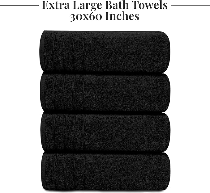 Tens Towels Pack of 4 Extra Large Bath Towels 30 x 60 Inches 100% Cotton Larger &amp Lighter Weight Quicker to Dry Super Soft and Absorbent Perfect for Bathroom Black