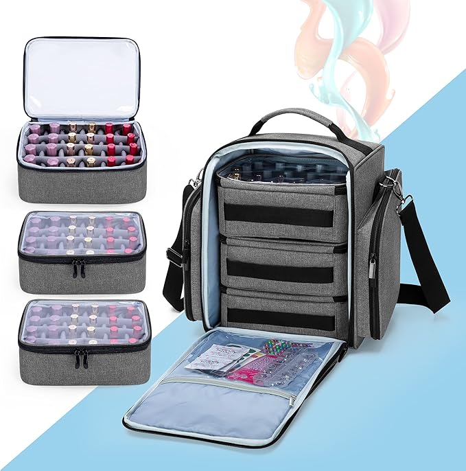BAFASO Nail Polish Organizer Holds 72 Bottles (15ml - 0.5 fl.oz) Large Nail Polish Case with 3 Removable Pouches and Multiple Storage Sections (Patented Design) Gray