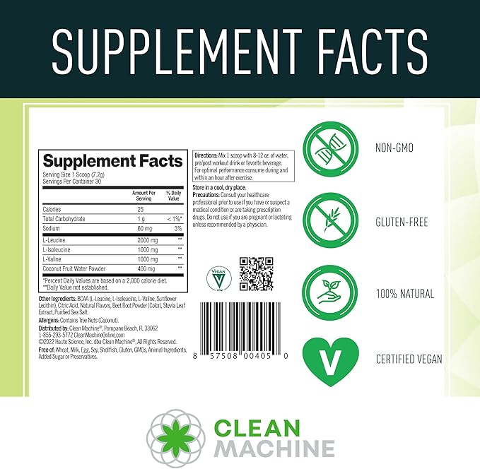 Clean BCAA - 2:1:1 Food Sourced BCAAs Powder &amp Coconut Water Electrolytes Recovery &amp Amino Energy Supplement - Award Winning Vegan Amino Acid Supplement - 30 Servings (30 Fruit Punch)