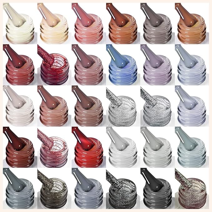 SAVILAND 33PCS Gel Nail Polish Set Classic Glitter White Soak-off U V Nail Polish with Base &amp Glossy Matte Top Gel French Manicure Nail Art Starter Set for Salon Home &amp Gifts