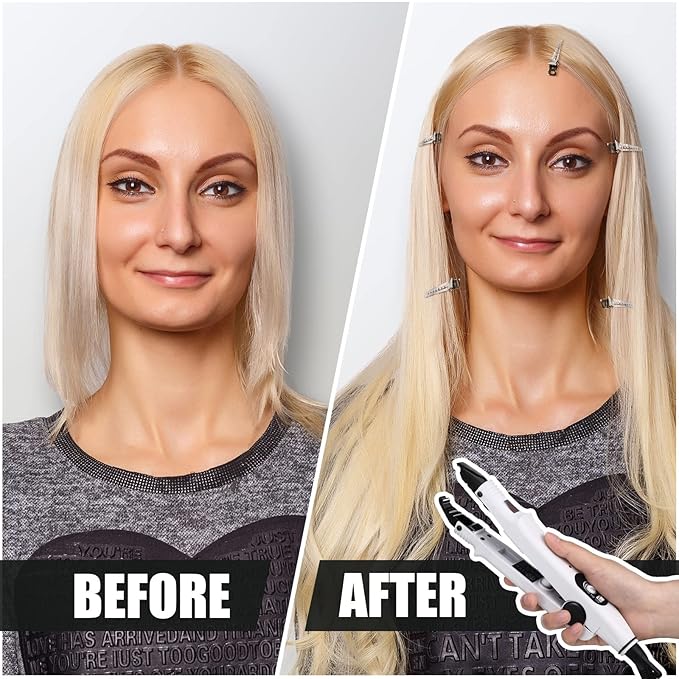 Hair Extensions Iron Fusion Keratin Hair Extensions Heat Tool Heat Connector Wand with Fusion Glue Protector Template Hair Clip Finger Protector 2 Bag Keratin Glue Granule Bead(White)