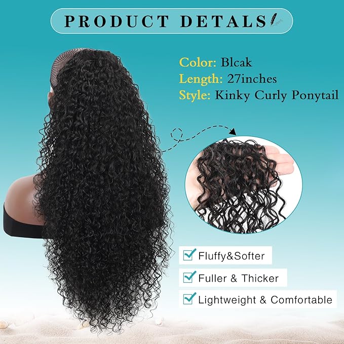 Kalyss Drawstring Ponytail for Black Women Deep Curly Ponytail Extension Synthetic Blended Afro Kinky Curly Pony Tail Hairpieces for Women 27 Inches