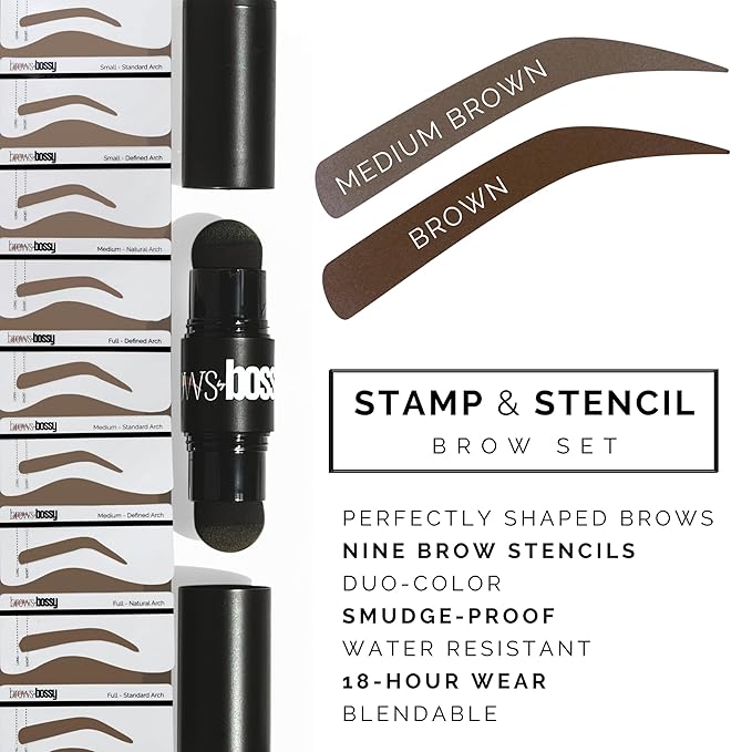 Brows by Bossy Dual-Color Eyebrow Stamp Stencil Kit with 9 Reusable Eyebrow Stencils for Professional Brow Stamping Shaping Kit and Instant Long Lasting Filling and Waterproof Tinting Definer