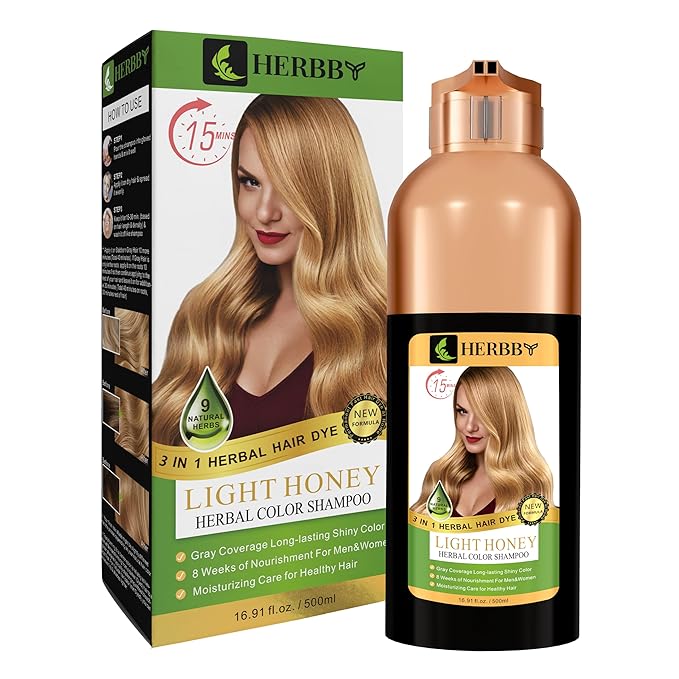 HERBBY Hair Color Shampoo for Gray Hair Coverage&ampColor Transform with 9 Herbal Extracts ?Long Lasting(6-8 Weeks)ShinyEvenly ColoredInstant Hair Dye Shampoo&ampConditioner 500 Ml (LIGHT HONEY