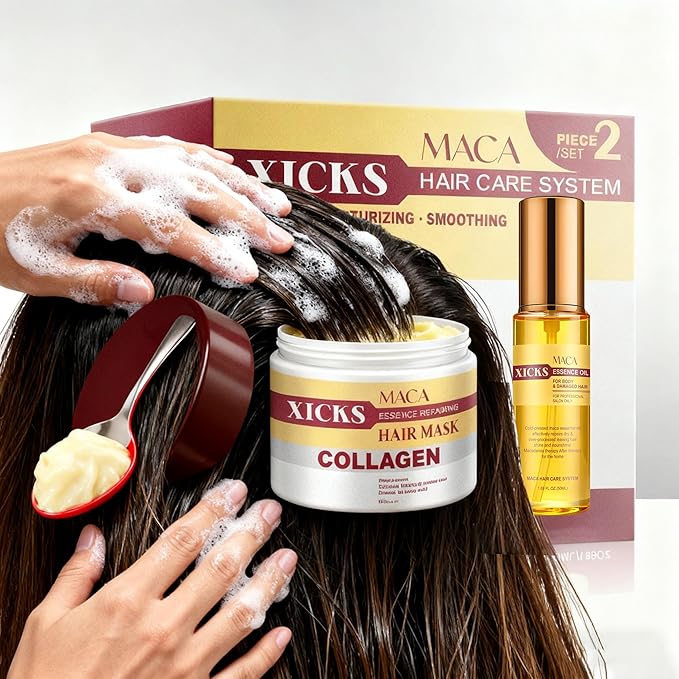 Maca Collagen Essence Deep Repair Hair Mask + Maca Essence Oil SetNourishing Moisturizing Repair for Damaged Hair Professional Hair &amp Body Care with Argan Oil for All Hair Types(16.9 oz + 1.69 o