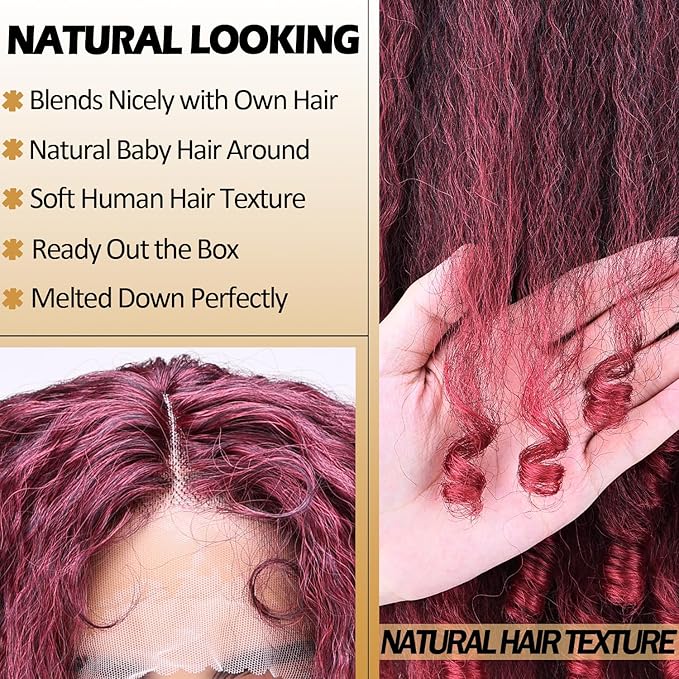 SOKU Crimp to Curl T Part Lace Front Wig Synthetic 20 Inch Red Burgundy Afro Kinky Straight with Curly End Wigs Pre-plucked Transparent Lace with Baby Hair Yaki Straight Wigs for Women
