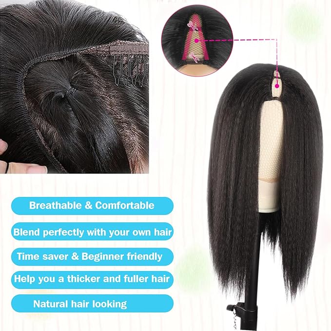 KRSI Kinky Straight V Part Wigs 20inch Synthetic Black U Part Wig Thin Leave Out Glueless V Part Half Wig Clip In Kinky Hair Wigs for Black Women