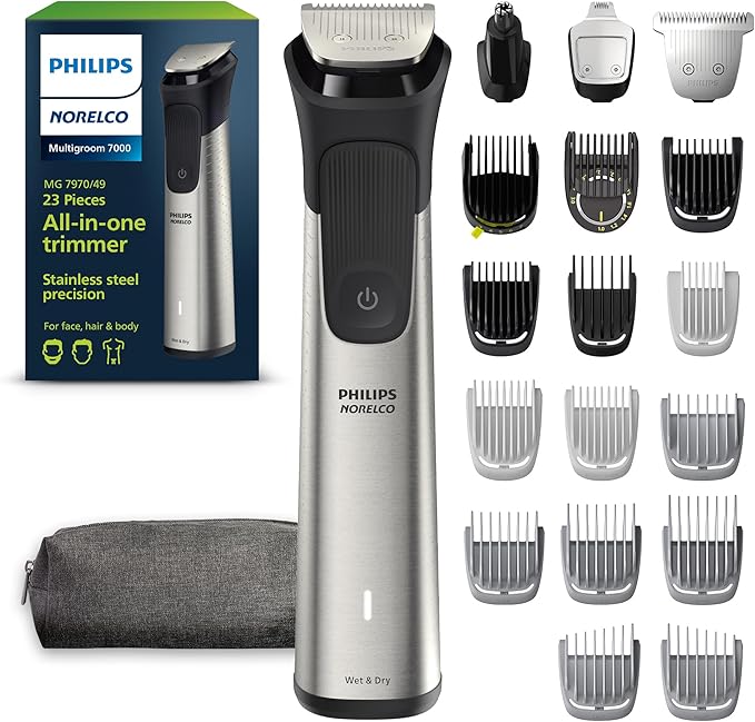 Norelco Philips All-in-One 7000 Series 23-Piece Trimmer - Electric Shaver and Clipper for Face Beard Head &amp Body Self-Sharpening Titanium Blades 26 Length Settings (0.5-16 mm) MG7970/49