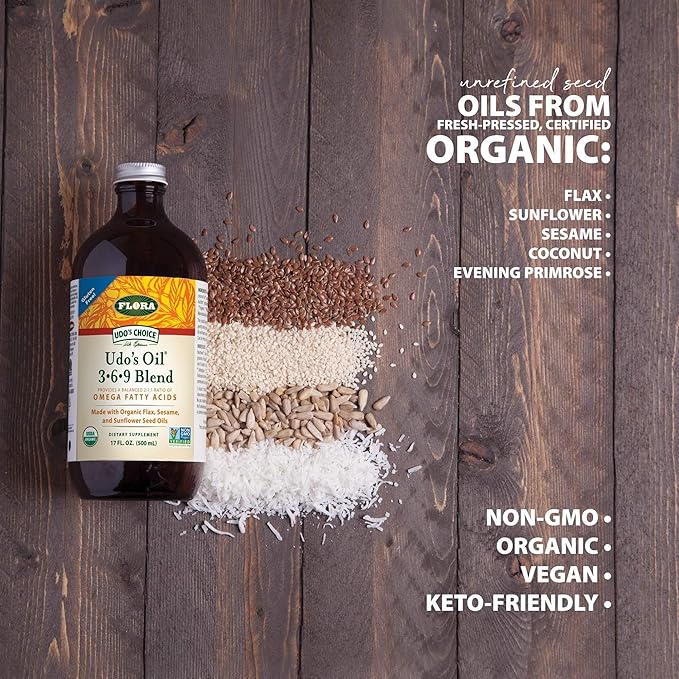 Flora Udo's Oil 3-6-9 Blend - Vegan Omega-3 &amp Omega-6 Oil - Contains Organic Coconut Oil Flax Seed Oil &amp More - Keep Chilled - 17 fl. oz.