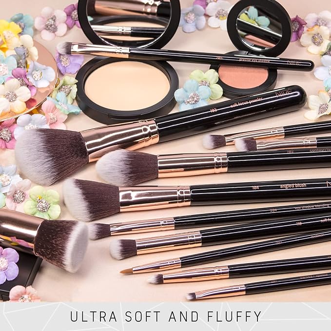 Nir? Beauty 15piece Award Winning Professional Makeup Brush Set: Vegan Makeup Brushes with Case Makeup Sponge Brush Cleaner Guide Gift Box
