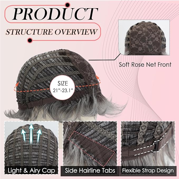 WIGYY Light Gray Pixie Cut Wig for White Women ? Short Curly Synthetic Wig with Bangs Heat-Resistant Glueless Cap Lightweight Natural Looking Wig for Older Women Daily Wear