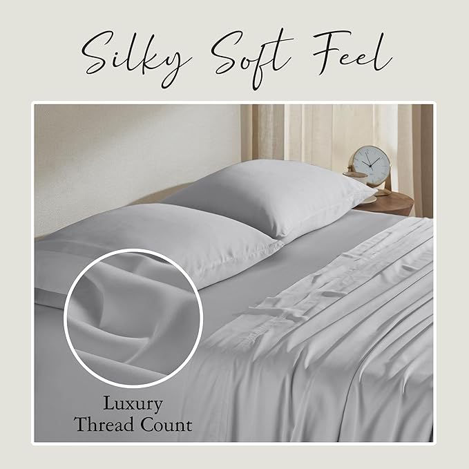 KARISSA MAE Cooling Bamboo Viscose Queen Sheet Set | 100% Organically Grown | 18??Deep Pocket | Silky Soft &amp Hypoallergenic | with Organizer Band &amp Elastic Corner Straps [Grey Mist]