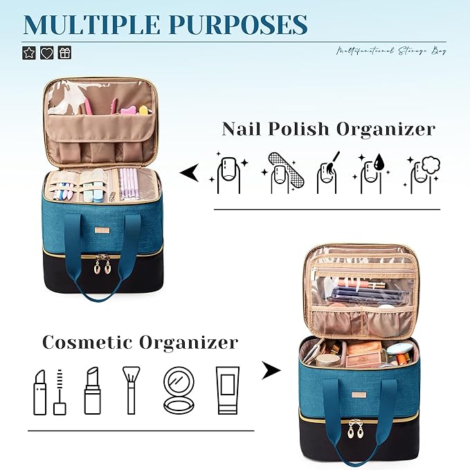 Nail Polish Organizer - Double Layer Storage Box Holds 42 Bottles &amp Nail Tech Kit Supplies Large Capacity Case Carrying Bag