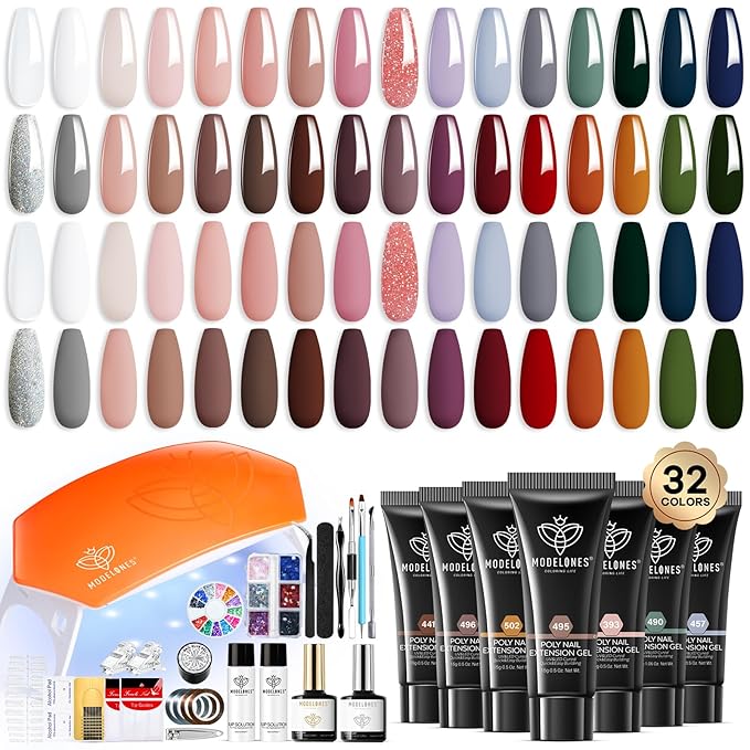 Modelones 133pcs Poly Nail Gel Kit 32 Colors Earthy Tones Complete Extension Gel Nail Kit with 8W Lamp Slip Solution Builder Tools for Starter DIY Salon Use