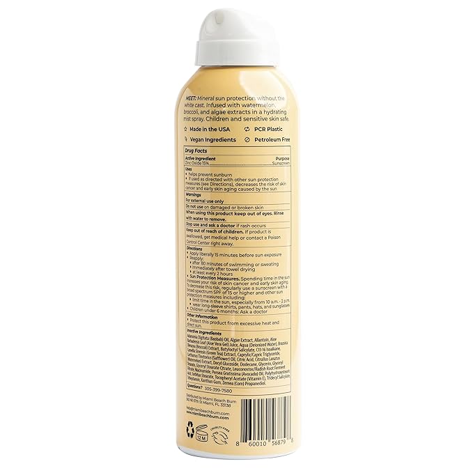 Miami Beach Bum SPF 50 Blocked Mineral BOV Spray (6 Fl oz) with Algae Aloe &amp Antioxidants Broad Spectrum Sunscreen Non-Aerosol Hawaii Reef Compliant - Octinoxate Oxybenzone &amp Petroleum Fr