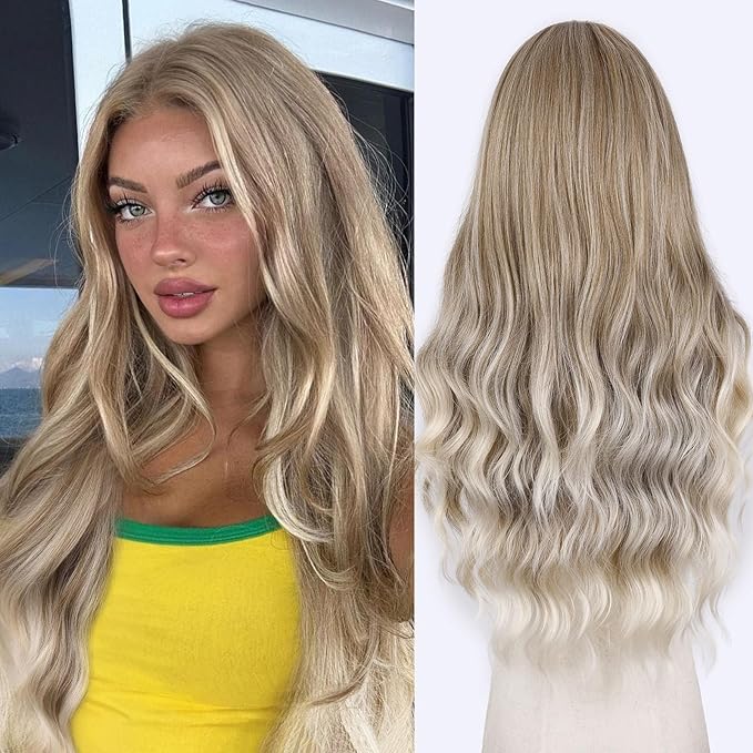 FAVE Ash Blonde Wig Middle Part Lace Blonde Wigs Natural Wavy Dirty Blonde Wigs Soft Long Wigs for White Women(26 Inches)