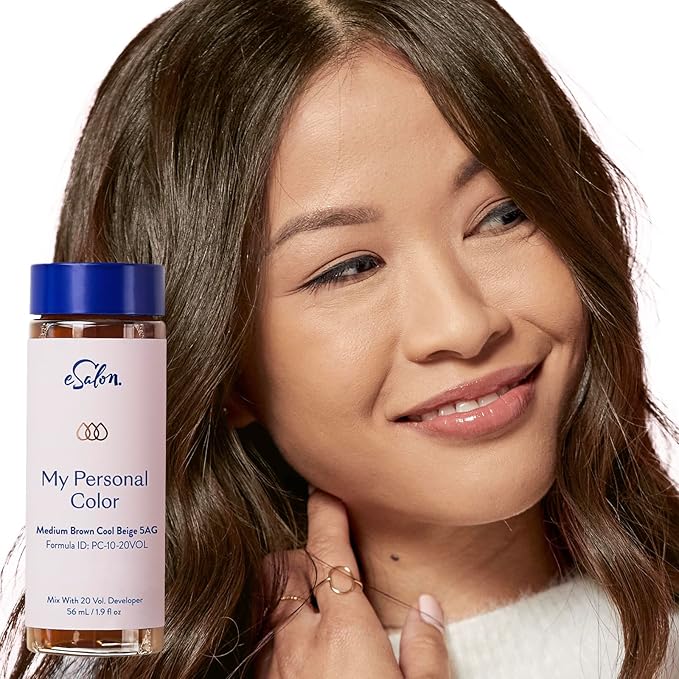 eSalon Permanent Hair Color &amp Hair Dye Complete Kit - Medium Brown Cool Beige - Personal Colorist Kit for Up To 100% Gray Coverage for All Hair Types - Professional-Grade Ammonia-Free Hair Dye