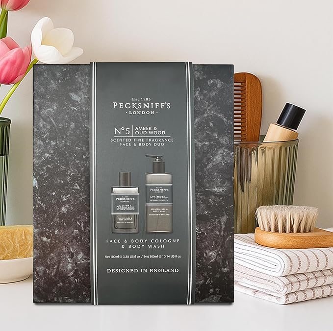 Pecksniff's Face &amp Body Duo Amber &amp Oud Wood ? Men?™s Grooming Gift Set with 100ml Face &amp Body Cologne and 250ml Body Wash ? Luxury Fragrance Collection Made in England