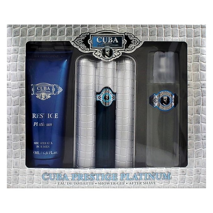 Cuba Prestige Platinum by Cuba for Men - 3 Pc Gift Set 3oz EDT Spray 6.7oz Shower Gel 3.3oz After Shave